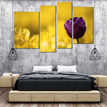 Load image into Gallery viewer, 4 panel Purple Tulip with Yellow Background canvas print decor 
