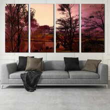 Load image into Gallery viewer, 4 panel Sunset Autumn Lake Trees Scenery Purple Sky canvas print In Living room
