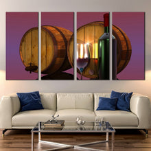 Load image into Gallery viewer, 4 panel Wine Canvas Wall Art Pictures Abstract wine glass bottle and two Barrels For Living room
