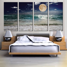 Load image into Gallery viewer, 4 panel canvas artwork of full moon at night over beach In Bedroom
