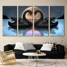 Load image into Gallery viewer, 4 panel canvas home decor Black Swans Make Up A Heart Reflected On Water For Living room
