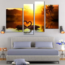 Load image into Gallery viewer, 4 panel canvas home decor black Swans Make Up A Heart Reflected On Water 
