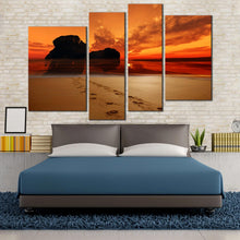 Load image into Gallery viewer, 4 panel red sunlight streaming footprints on sand water ocean wall decor 
