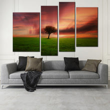 Load image into Gallery viewer, 4 piece canvas print Alone Tree Green Fields at Sunset 
