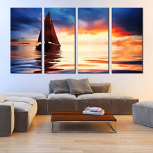 Load image into Gallery viewer, 4 piece large wall art blue sky red orange sailboats at sunset In Living Room
