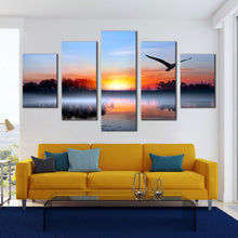 Load image into Gallery viewer, 5  Panel  Canvas  Print  Blue  Orange  Skies  Birds  Flying  over  the  Lake For Living Room
