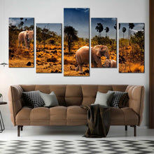 Load image into Gallery viewer, 5 Panel Elephant in Palm Trees at Dawn Canvas Print For Living Room
