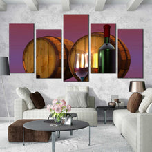 Load image into Gallery viewer, 5 Piece Canvas artwork Wall Art Pictures Abstract red wine glass bottle and two barrels For Living Room
