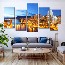 Load image into Gallery viewer, 5 Piece canvas of Vancouver city lights at Night Reflecting in the Canal For Living Room
