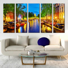 Load image into Gallery viewer, 5 Piece canvas of amsterdam city lights at Night Reflecting in the Canal For Living Room
