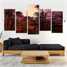 Load image into Gallery viewer, 5 panel Autumn Lake Trees Purple Sky Canvas Print Landscape canvas artwork For Living Room
