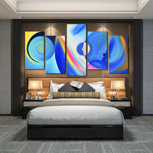 Load image into Gallery viewer, 5 panel blue abstract circle shapes canvas artwork For Your Bedroom
