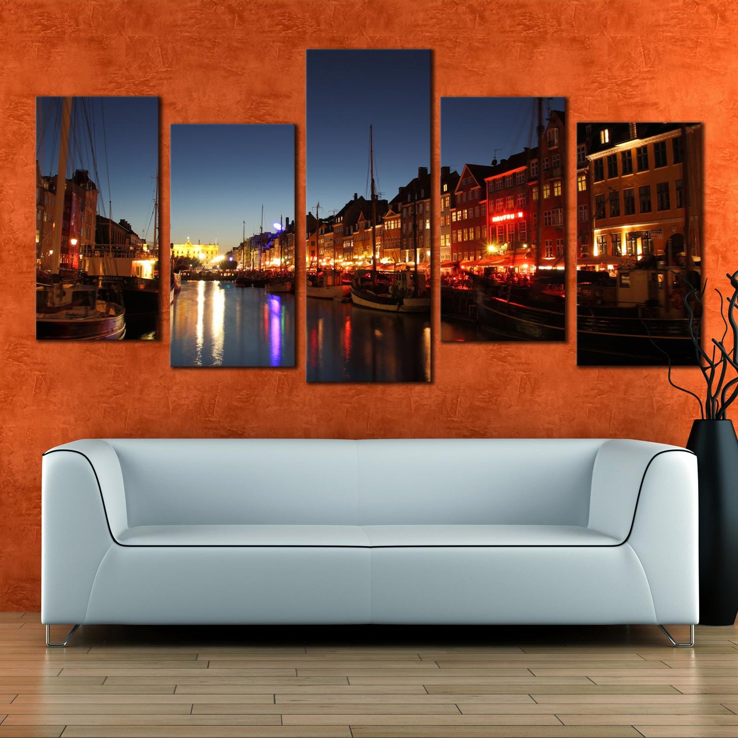 5 panel canvas print copenhagen harbor In Living Room