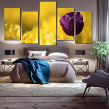 Load image into Gallery viewer, 5 panel close up Purple Tulip with Yellow Background artwork For Bedroom
