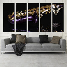 Load image into Gallery viewer, 5 piece Canvas Art of Saxophone With A Glass Of Cocktail on Dark Background artwork In Living Room
