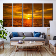 Load image into Gallery viewer, 5 piece Ocean Waves Dramatic Golden Sky in Sunsetcanvas print In Living room
