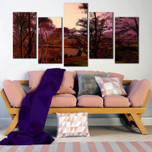 Load image into Gallery viewer, 5 piece Sunset Autumn Lake Trees Scenery Purple Sky canvas print In Living Room
