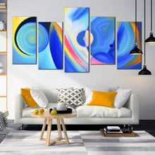 Load image into Gallery viewer, 5 piece blue abstract circle shapes canvas print In Living Room
