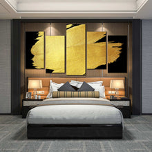Load image into Gallery viewer, 5 piece canvas wall art gold brush stroke on black For Bedroom
