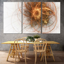 Load image into Gallery viewer, Abstract Circle Canvas Wall Art Gold Abstract Fractal 3 Piece Canvas Print White Modern Abstract Canvas Set In Dining Room
