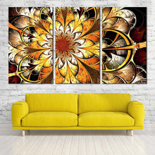 Load image into Gallery viewer, Abstract Flower Canvas WallArt Yellow Abstract Blossom Patterns 3 Piece Canvas Orange Abstract Fractal Artwork Print In Living room
