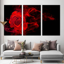 Load image into Gallery viewer, Abstract Rose Canvas WallArt Rose Digital Painting CanvasSet Red Rose Black Background 3 Piece Canvas Print In Living Room
