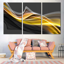 Load image into Gallery viewer, Abstract Waves Canvas Wall Art Yellow Curvy Abstract Pattern  3 Piece Canvas Canvas Grey Smoke Waves Abstract Canvas Print In Living Room
