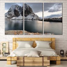 Load image into Gallery viewer, Aerial view of the fishing village of Hamnoy in the Lofoten Islands in Norway gray sky multi panel canvas print For Bedroom
