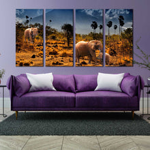 Load image into Gallery viewer, African Elephant in Mountains Desert Palm Trees Animal Landscape 4 piece Canvas Art For Living room
