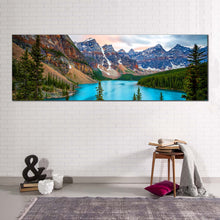 Load image into Gallery viewer, Alberta Mountains Canvas Print Grey Brown Mountains Scenery Canvas Art Green Trees Moraine Lake 1 Piece Canvas Wall Art In Living Room
