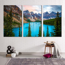 Load image into Gallery viewer, Alberta Mountains Canvas Print Grey Brown Mountains Scenery Canvas Set Green Trees Moraine Lake 3 Piece Canvas Wall Art
