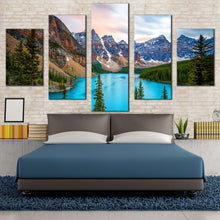 Load image into Gallery viewer, Alberta Mountains Canvas Print  Grey Brown Mountains Scenery Canvas Set  Green Trees Moraine Lake 5 Piece Canvas WallArt For Bedroom
