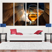 Load image into Gallery viewer, Alcohol Glass Oak barrel 4 piece Canvas Print In Living Room

