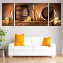 Load image into Gallery viewer, Alcoholic Drink Canvas Wall Art Brown Grapes Wine Barrels 3 Piece Multi Canvas Orange Background Wine Drink Canvas Print For Living Room
