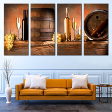 Load image into Gallery viewer, Alcoholic Drink Canvas Wall Art Brown Grapes Wine Barrels 4 Piece Multi Canvas Orange Background Wine Drink Canvas Print In Living Room
