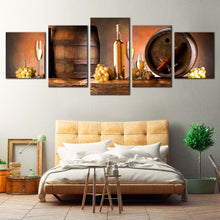 Load image into Gallery viewer, Alcoholic Drink Canvas Wall Art Brown Grapes Wine Barrels 5 Piece Multi Canvas Orange Background Wine Drink Canvas Print For Bedroom
