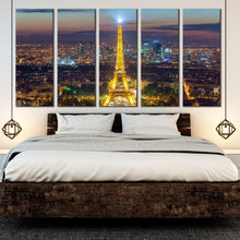 Load image into Gallery viewer, Amazing Evening Eiffel Tower Paris City Skyline 5 piece wall art For Bedroom
