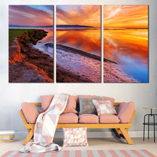 Load image into Gallery viewer, Amazing Seascape Canvas Wall Art Orange Ocean Beach Triptych Multi Canvas Yellow Sky  3 Piece Canvas Print IN Living Room

