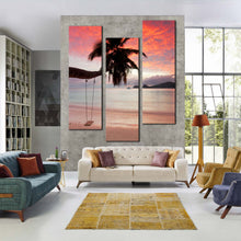 Load image into Gallery viewer, Amazing  seychelles  beach  Evening  Dawn  Orange  Sky  Palm  Tree  Triptych  Decor In Living Room
