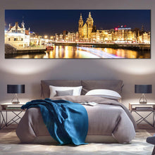 Load image into Gallery viewer, Amsterdam  Centraal  Canvas  Wall  Art  Blue  Sky  Damrak  Harbors  Canals  Bedoom  1  Piece  Canvas  Yellow  City  Lights  Water  Reflection  Canvas  Print For Bedroom
