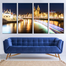 Load image into Gallery viewer, Amsterdam Centraal Canvas Wall Art Blue Sky Damrak Harbors Canals  4 Piece Canvas Yellow City Lights Water Reflection Canvas Print For Living Room
