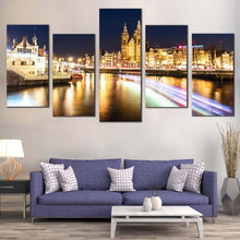 Load image into Gallery viewer, Amsterdam Centraal Canvas Wall Art Blue Sky Damrak Harbors Canals  5 Piece Canvas Yellow City Lights Water Reflection Canvas Print
