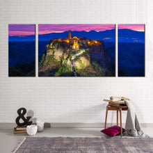 Load image into Gallery viewer, Ancient Castle Canvas Wall Art Italy Blue Purple Cloudy Mountain 3 Piece Canvas Print Civita di Bagnoregio Canvas Set
