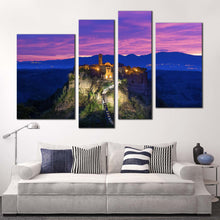 Load image into Gallery viewer, Ancient Castle Canvas Wall Art Italy Blue Purple Cloudy Mountain 4 Piece Canvas Print Civita di Bagnoregio Canvas Set
