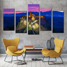 Load image into Gallery viewer, Ancient Castle Canvas Wall Art Italy Blue Purple Cloudy Mountain 5 Piece Canvas Print Civitadi Bagnoregio Canvas Set For Living Room
