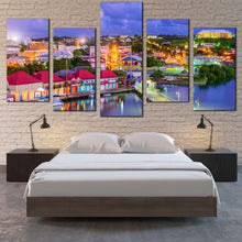 Load image into Gallery viewer, Antigua Canal Canvas Wall Art Blue Harbors City Sunset Sky  5 Piece Canvas Print Red Orange Antigua Houses Multiple Canvas For Bedroom
