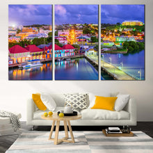 Load image into Gallery viewer, Antigua Canal Canvas Wall Art Blue Harbors City Sunset Sky  3 Piece Canvas Print Red Orange Antigua Houses Multiple Canvas For Living Room
