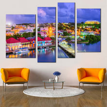 Load image into Gallery viewer, Antigua Canal Canvas Wall Art Blue Harbors City Sunset Sky  4 Piece Canvas Print Red Orange Antigua Houses Multiple Canvas 
