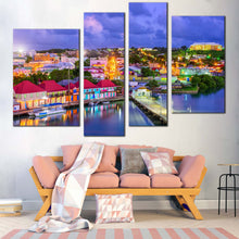 Load image into Gallery viewer, Antigua Harbors Canvas Wall Art Red Green Antigua Port Houses Canvas Print Blue Canal City Sunset Sky  4 Piece Canvas 
