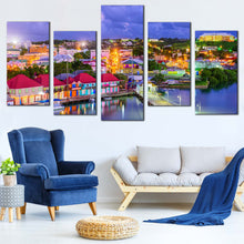 Load image into Gallery viewer, Antigua Harbors Canvas Wall Art Red Green Antigua Port Houses Canvas Print Blue Canal City Sunset Sky  5 Piece Canvas For Living Room
